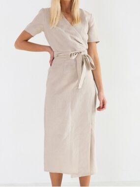 Love And Confuse - Beige Wrap Midi Dress with Tie Waist